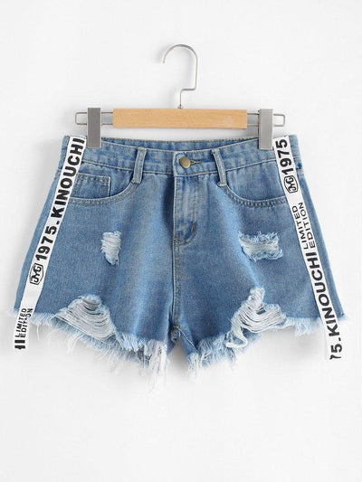 Frayed Hem Ripped Letter Denim Shorts-bottom-Des Mess