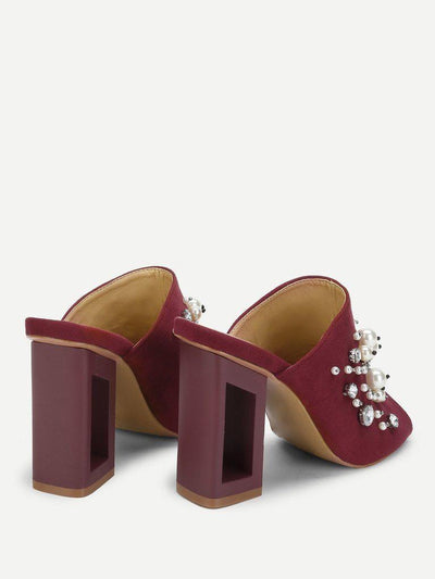 Faux Pearl Decorated Chunky Heeled Mules-shoes-Des Mess