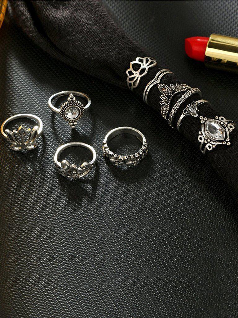 Flower Detail Gemstone Rings Set 10pcs-jewelry-Des Mess