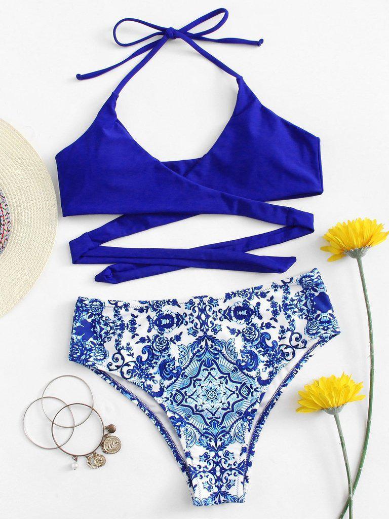 Ornate Print Crisscross Halter Bikini Set--Des Mess