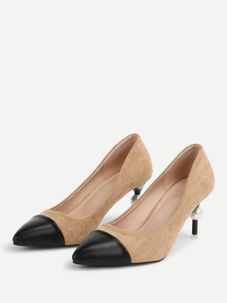 Faux Pearl Decor Cap Toe Heels-shoes-Des Mess