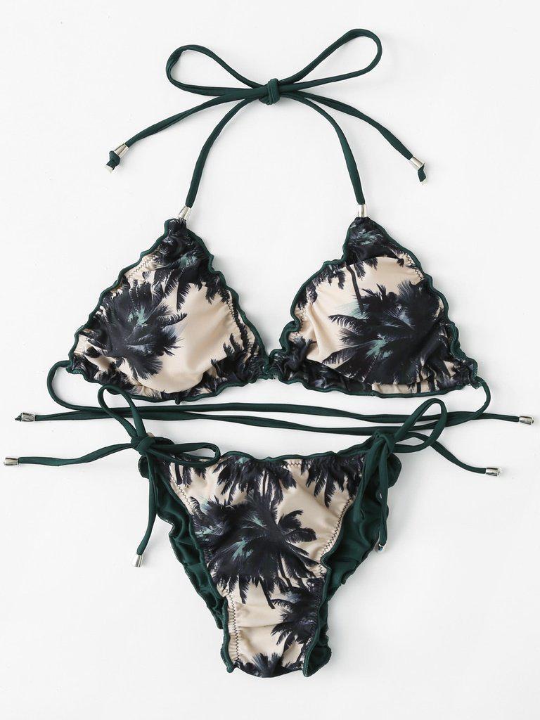 Self Tie Palm Print Bikini Set-swimwear-Des Mess