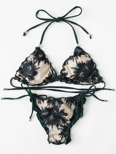 Self Tie Palm Print Bikini Set-swimwear-Des Mess