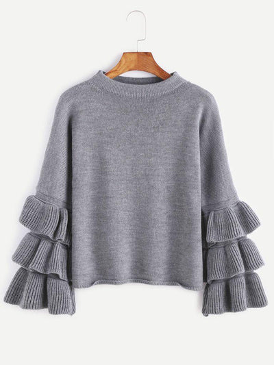 Grey Layered Ruffle Sleeve Pullover Sweater-outerwear-Des Mess