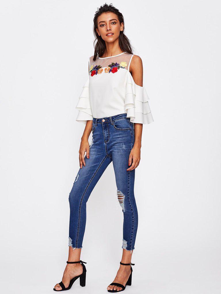Bleach Wash Distressed Jeans-bottom-Des Mess