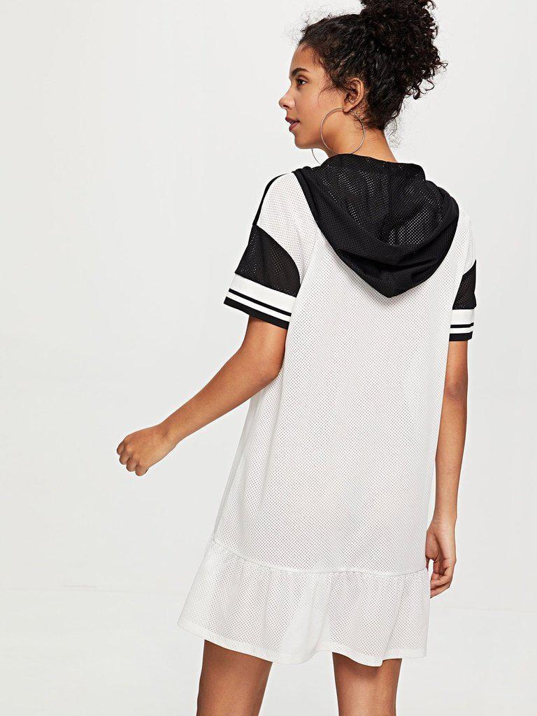 O-Ring Zip Front Ruffle Hem Hooded Dress-sportswear-Des Mess