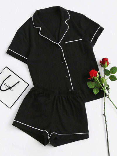 Contrast Piping Pocket Front Pajama Set-loungewear-Des Mess