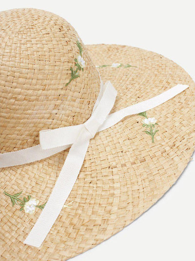 Bow Band Flower Decorated Straw Hat-accessories-Des Mess