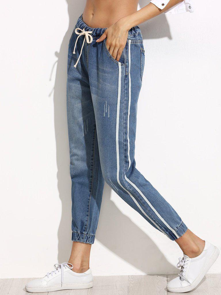 Side Stripe Elastic Cuff Jeans-bottom-Des Mess