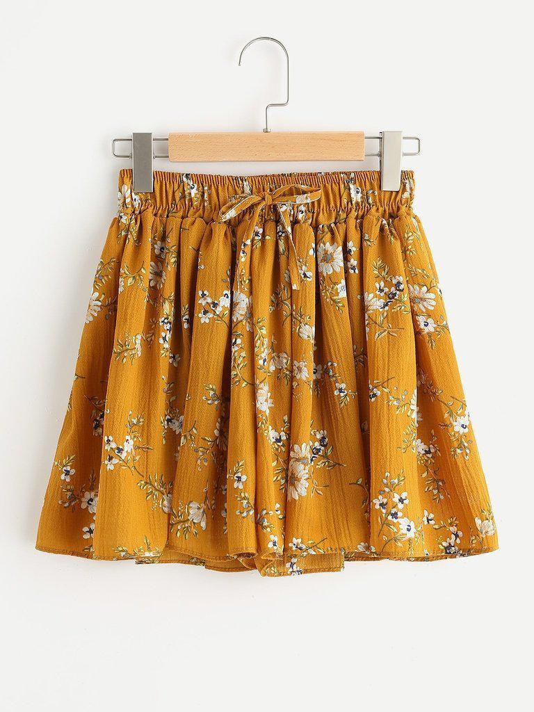 Ditsy Print Elastic Drawstring Waist Shorts-bottom-Des Mess
