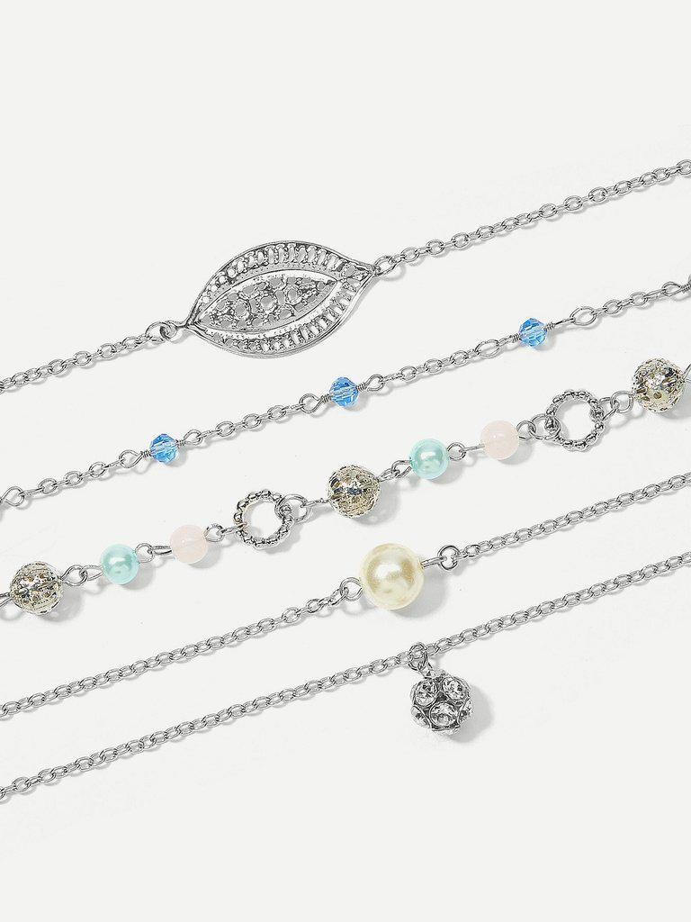 Beaded Detail Chain Bracelet Set 5pcs--Des Mess