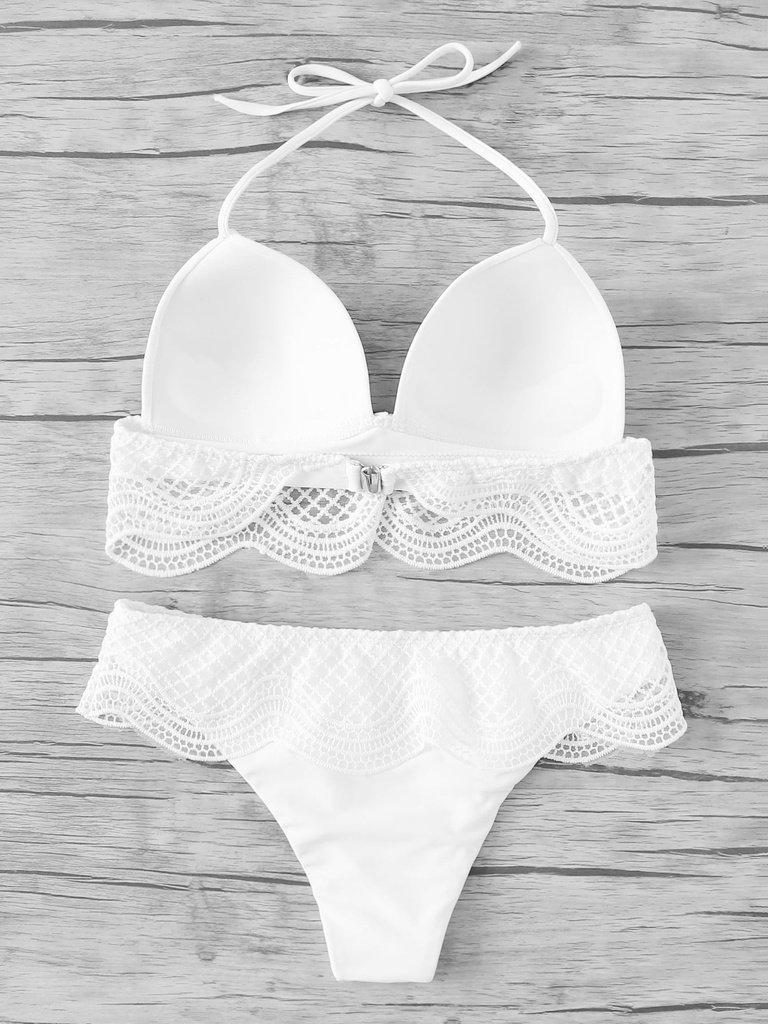 Crochet Ruffle Trim Halter Bikini Set--Des Mess