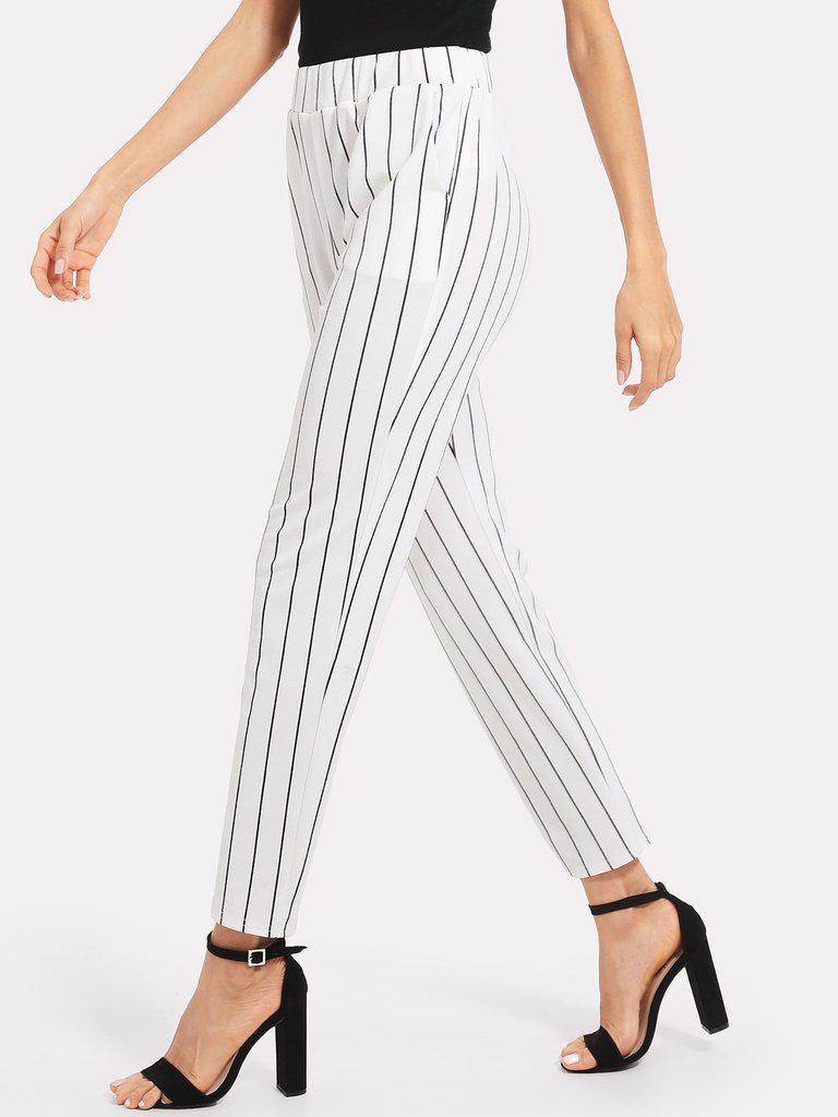 Elastic Waist Pinstripe Cigarette Pants-bottom-Des Mess