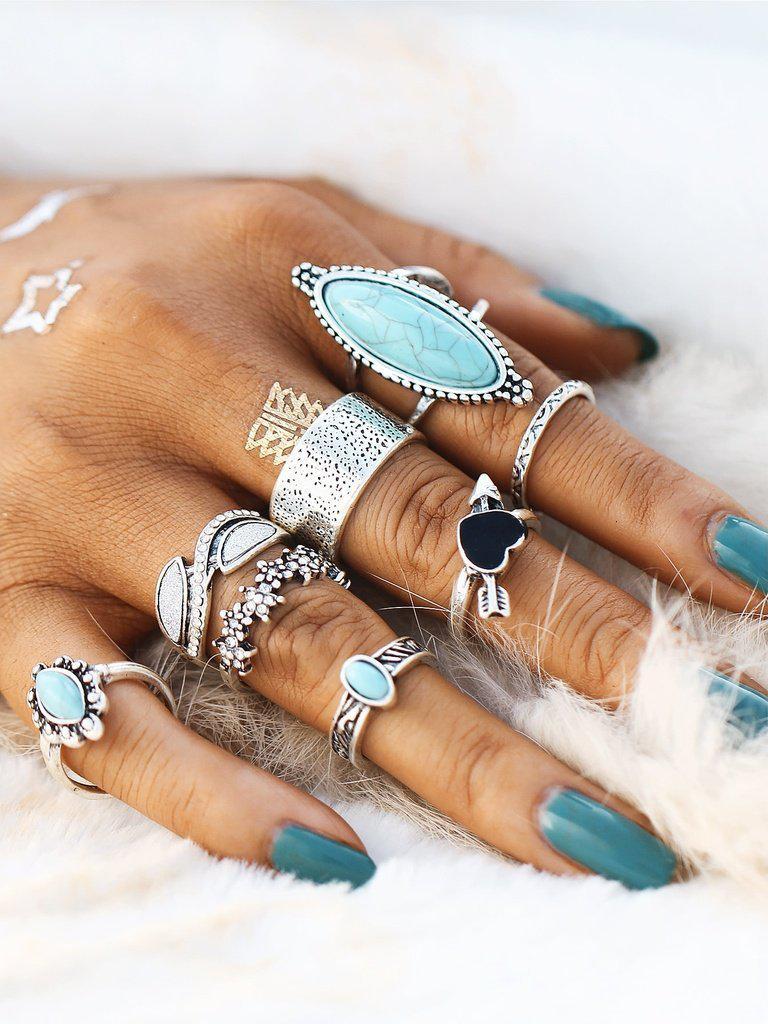 Heart & Flower Design Ring Set With Turquoise-jewelry-Des Mess