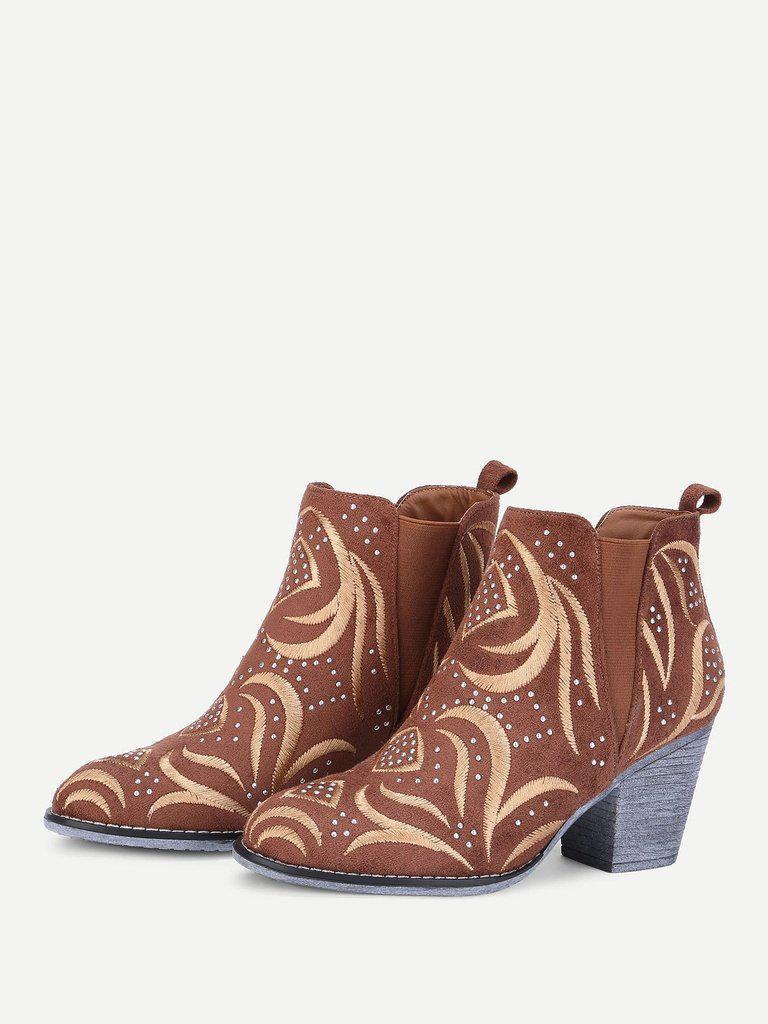 Embroidery Detail Block Heeled Ankle Boots-shoes-Des Mess