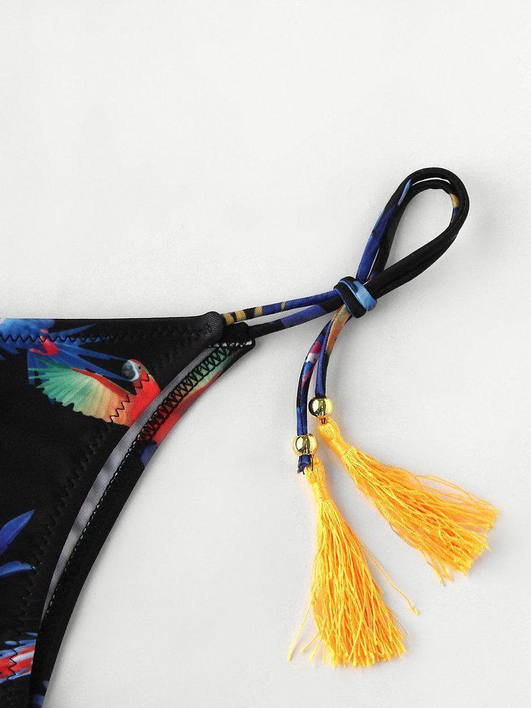 Bird Print Tassel Tie Flounce Bikini Set-swimwear-Des Mess