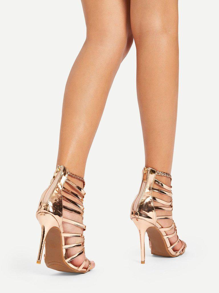 Back Zipper Cut Out PU Heeled Sandals-shoes-Des Mess