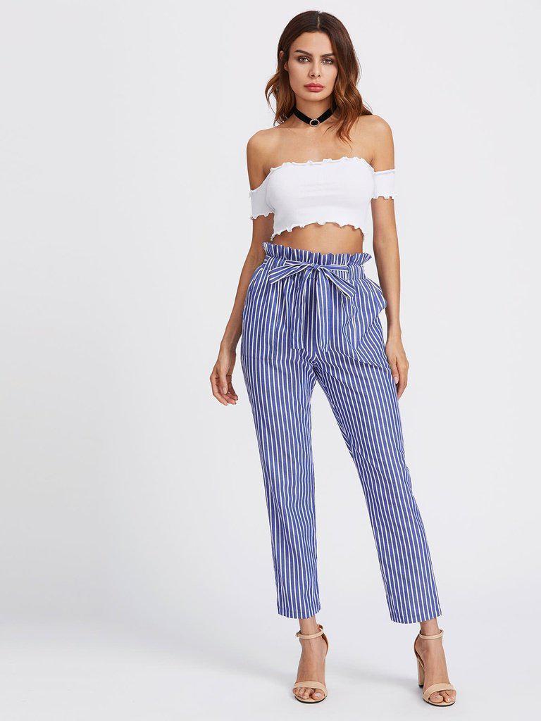 Self Tie Frill Waist Pinstripe Pants-bottom-Des Mess