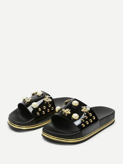 Faux Pearl Decorated Slippers-shoes-Des Mess