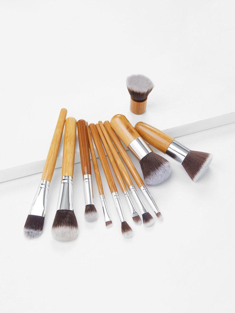 11 Pcs Bamboo Makeup Foundation Fiber Liner Eyeshadow Cosmetic Brush Set Bag Kit--Des Mess