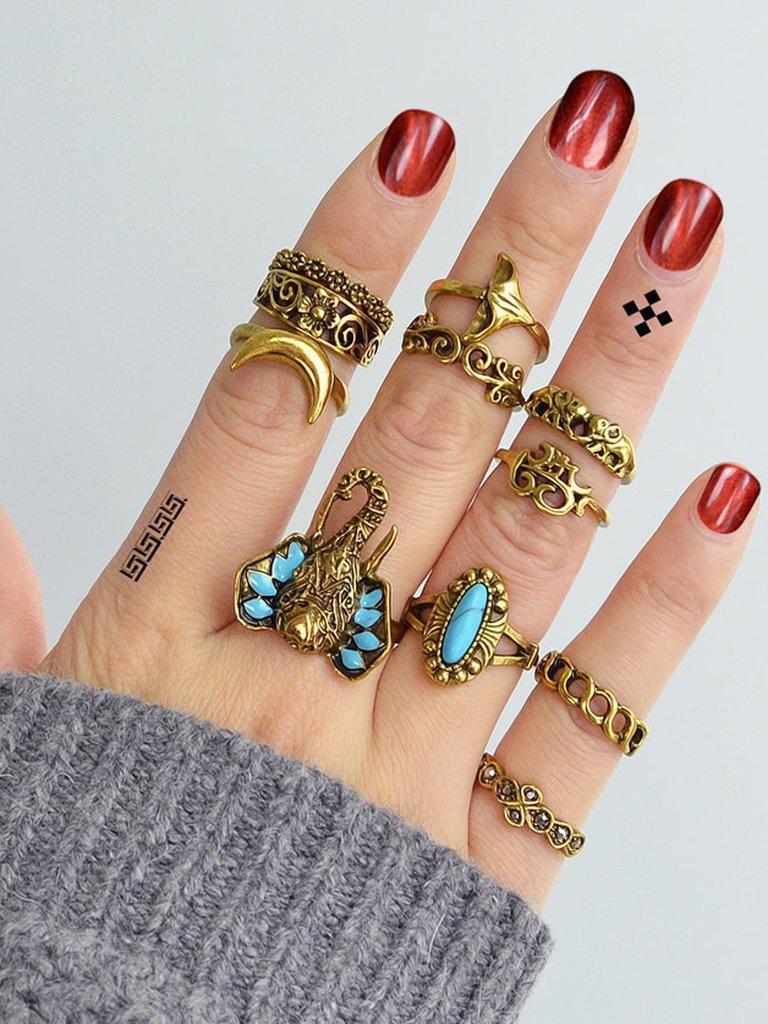 At-Gold Vintage Turquoise Elephant Ring 11-Pieces Set-jewelry-Des Mess
