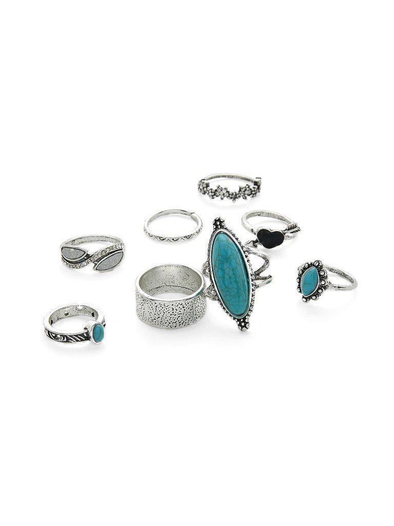 Heart & Flower Design Ring Set With Turquoise-jewelry-Des Mess