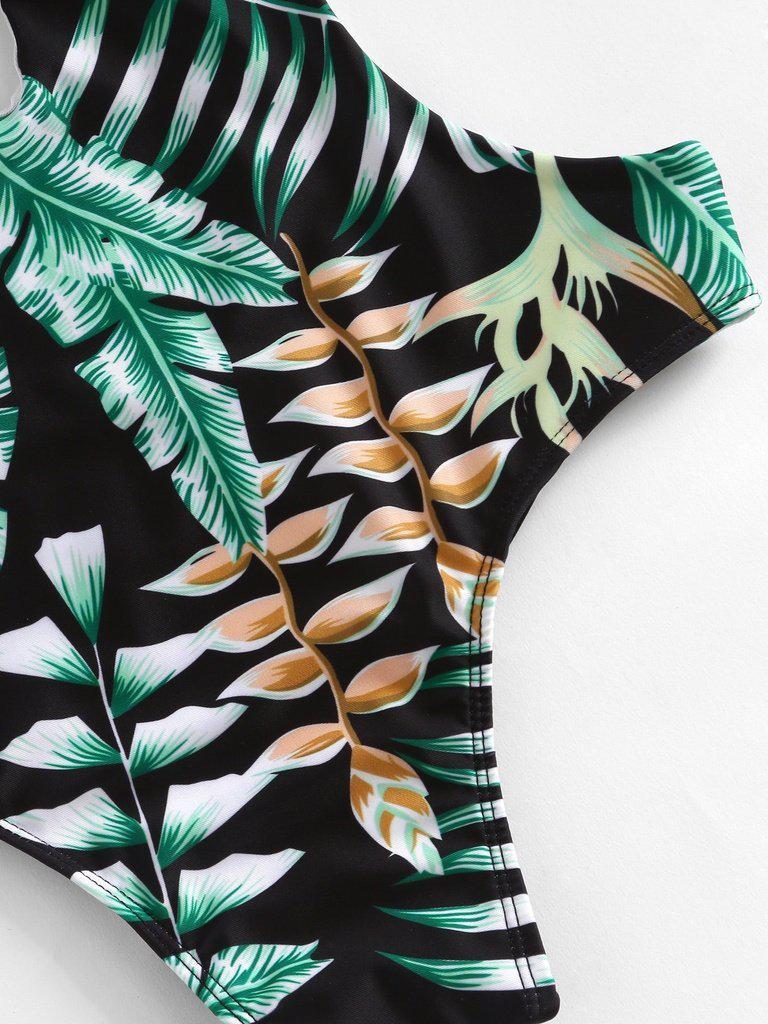 Tropical Print Plunge Neckline Monokini-swimwear-Des Mess
