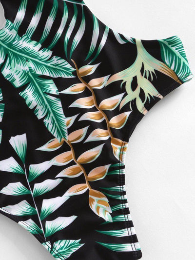 Tropical Print Plunge Neckline Monokini-swimwear-Des Mess