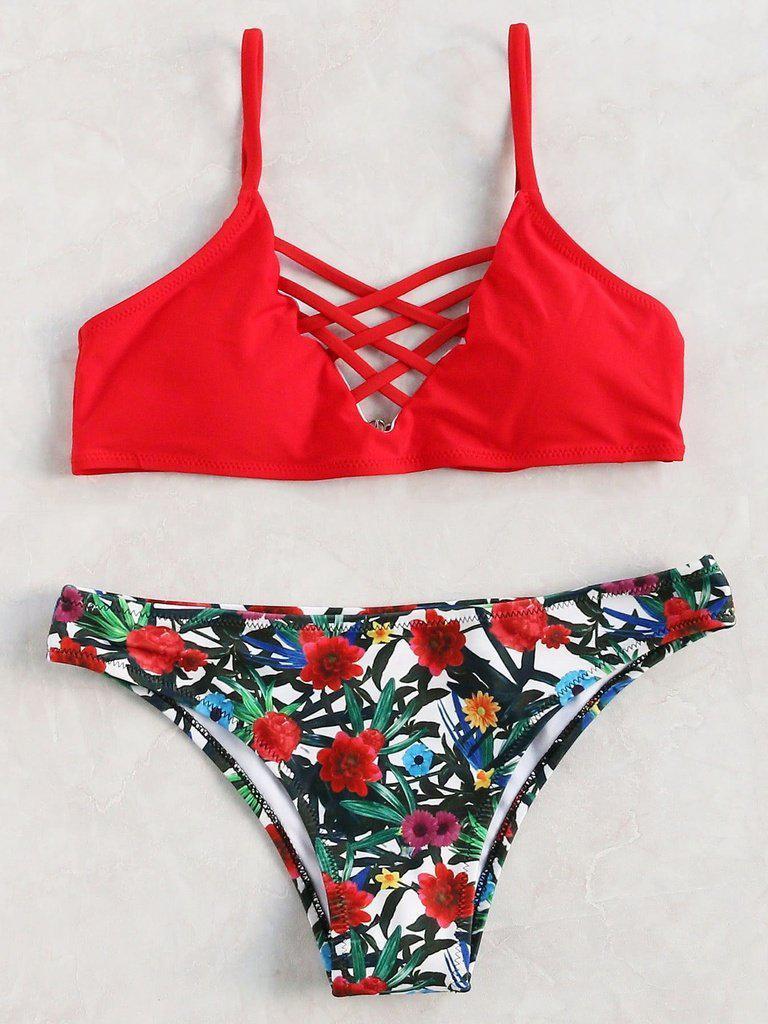 Floral Print Crisscross Bikini Set-swimwear-Des Mess