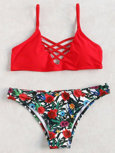 Floral Print Crisscross Bikini Set-swimwear-Des Mess