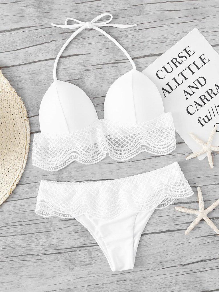 Crochet Ruffle Trim Halter Bikini Set--Des Mess