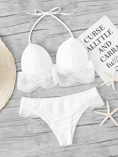 Crochet Ruffle Trim Halter Bikini Set--Des Mess