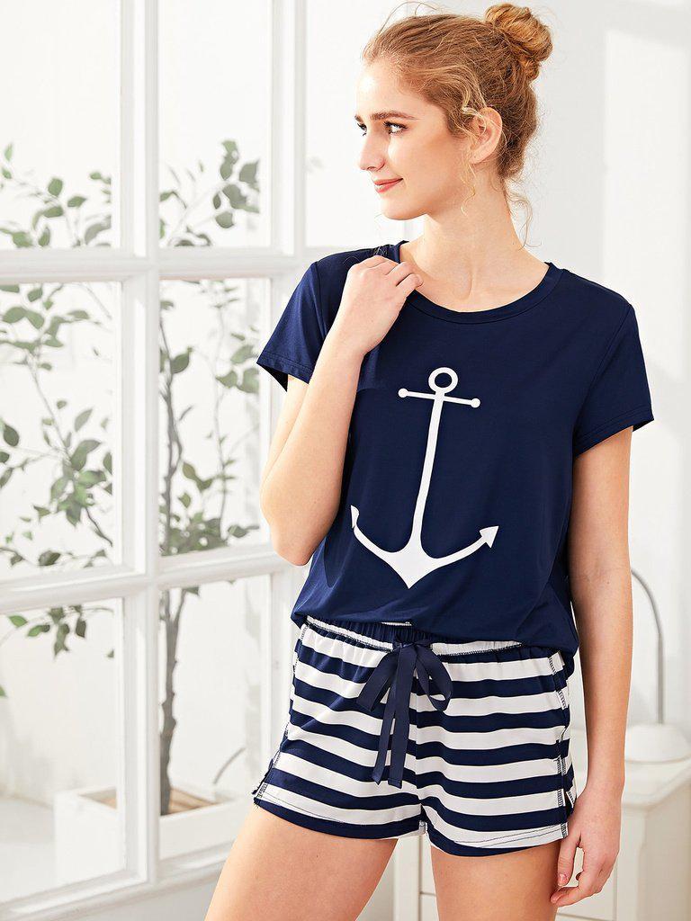 Anchor Print Tee And Striped Shorts Pajama Set-loungewear-Des Mess