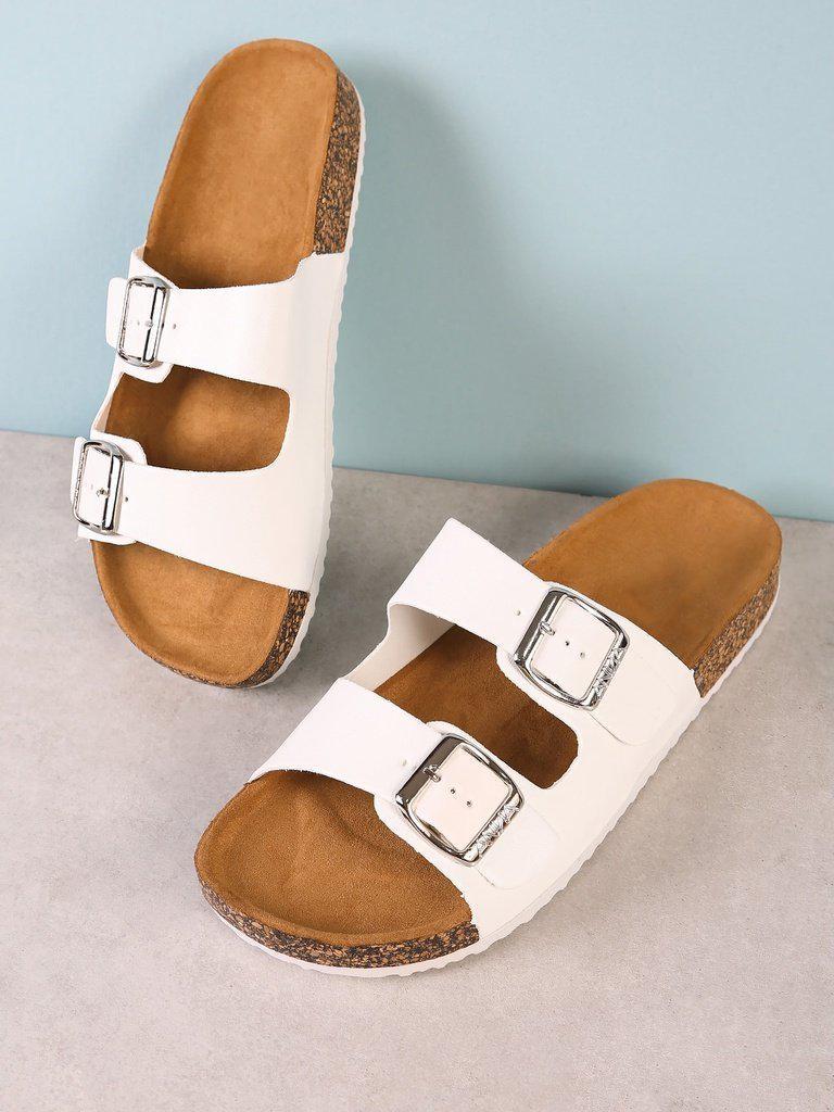 Double Buckle Cork Footbed Slide Sandal WHITE-shoes-Des Mess
