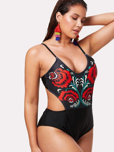 Flower Print Cutout Swimsuit-swimwear-Des Mess