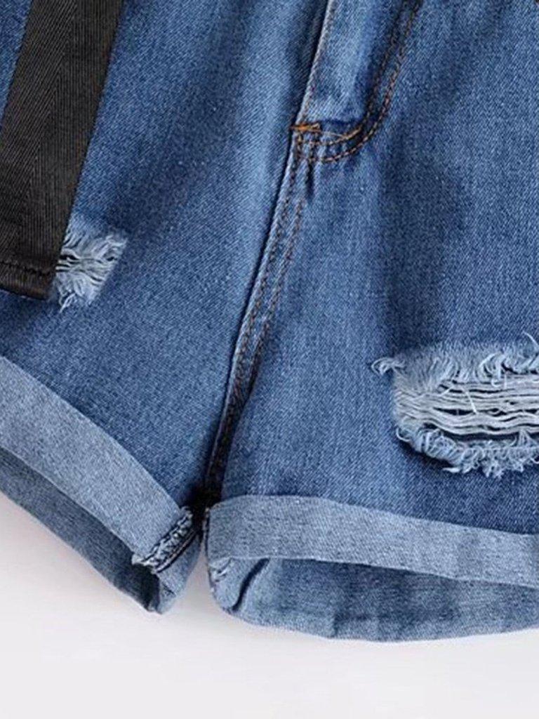 Belted Rolled Hem Denim Shorts-bottom-Des Mess