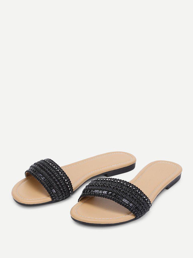 Beaded Detail Slide Sandals-shoes-Des Mess