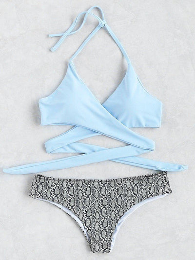 Snake Print Halter Wrap Knotted Back Bikini Set--Des Mess