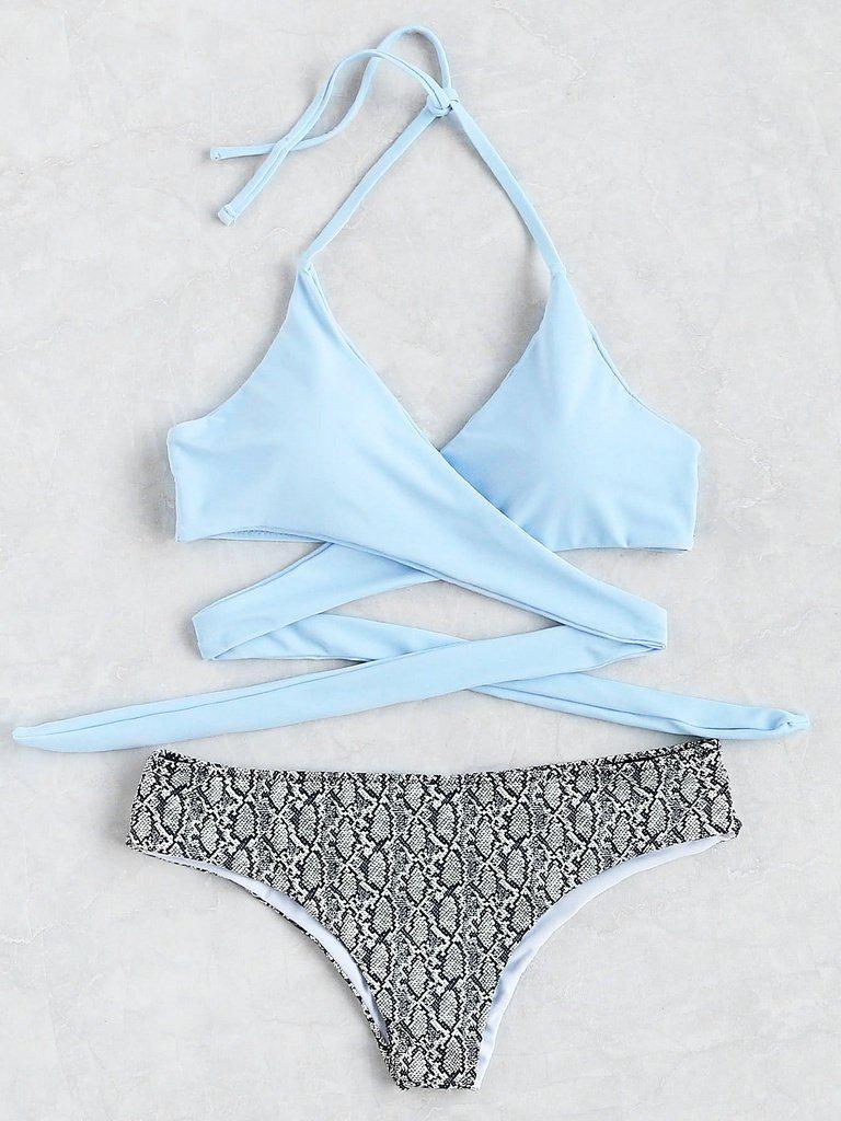 Snake Print Halter Wrap Knotted Back Bikini Set--Des Mess