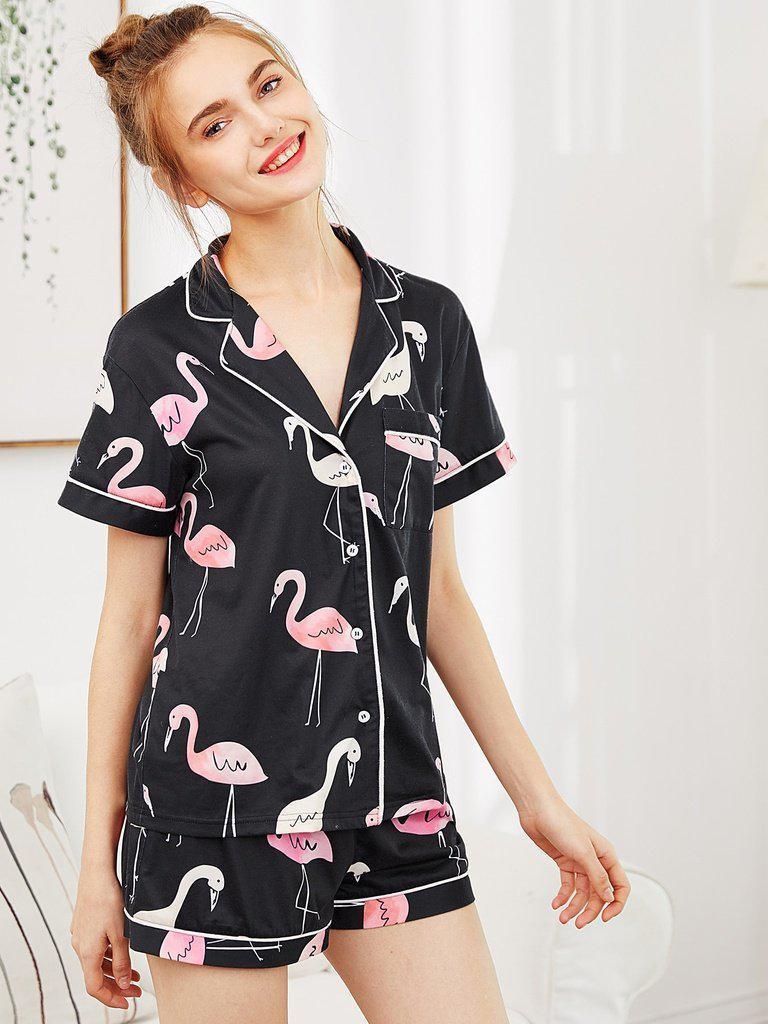 Revere Collar Allover Flamingo Print Blouse & Shorts Pajama Set-loungewear-Des Mess