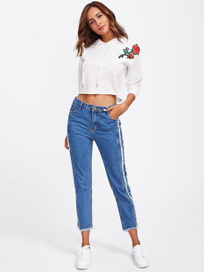 Frayed Trim Tapered Jeans-bottom-Des Mess