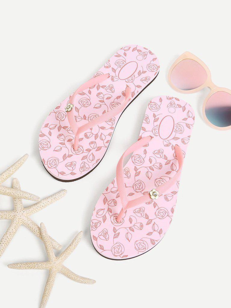 Rose Print Flip Flops-shoes-Des Mess