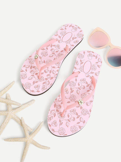 Rose Print Flip Flops-shoes-Des Mess