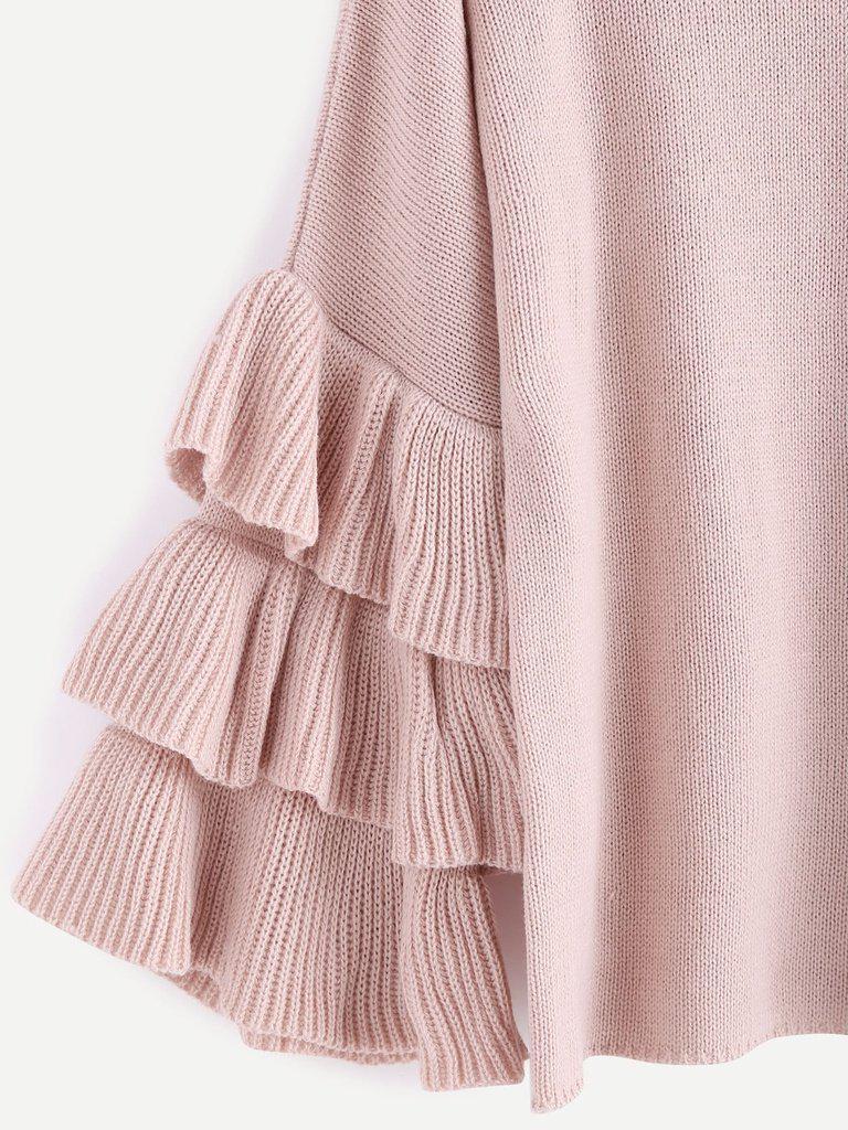 Pink Layered Ruffle Sleeve Pullover Sweater-outerwear-Des Mess