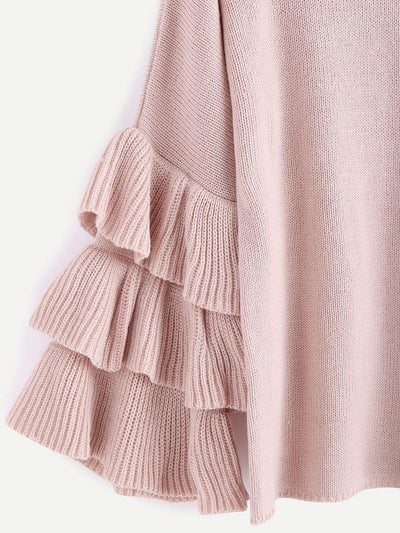 Pink Layered Ruffle Sleeve Pullover Sweater-outerwear-Des Mess