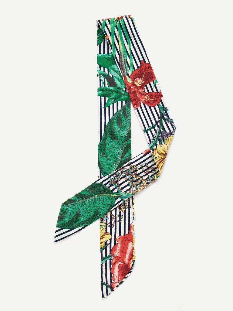 Striped & Flower Print Skinny Scarf-accessories-Des Mess