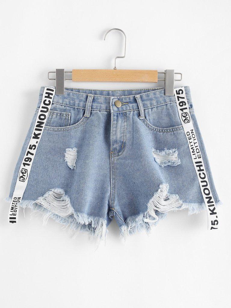 Letter Print Raw Hem Denim Shorts-bottom-Des Mess