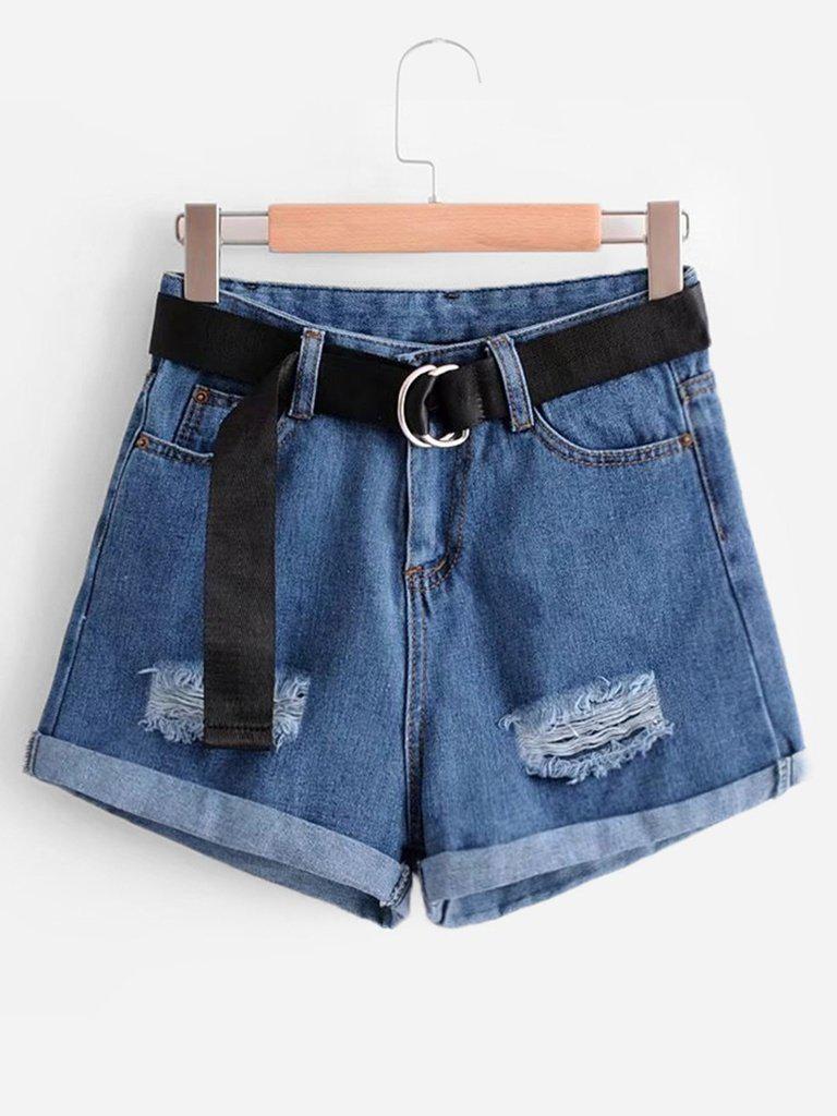 Belted Rolled Hem Denim Shorts-bottom-Des Mess