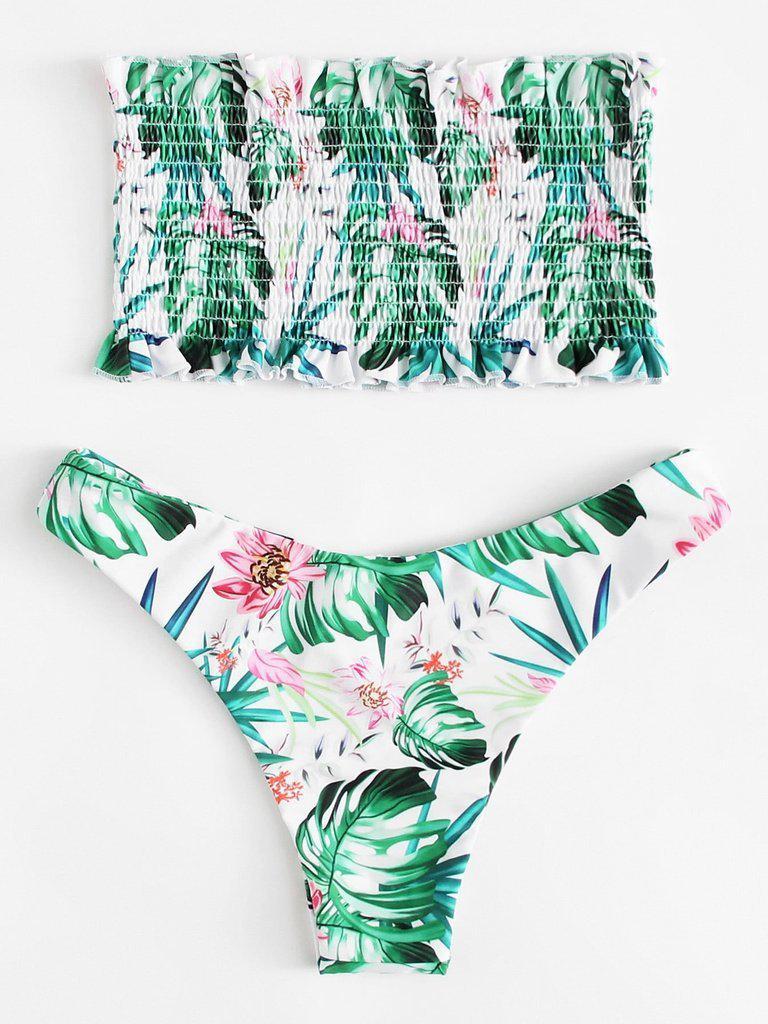 Tropical Print Frill Trim Shirred Bikini Set-swimwear-Des Mess