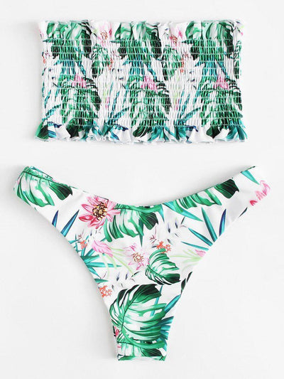 Tropical Print Frill Trim Shirred Bikini Set-swimwear-Des Mess